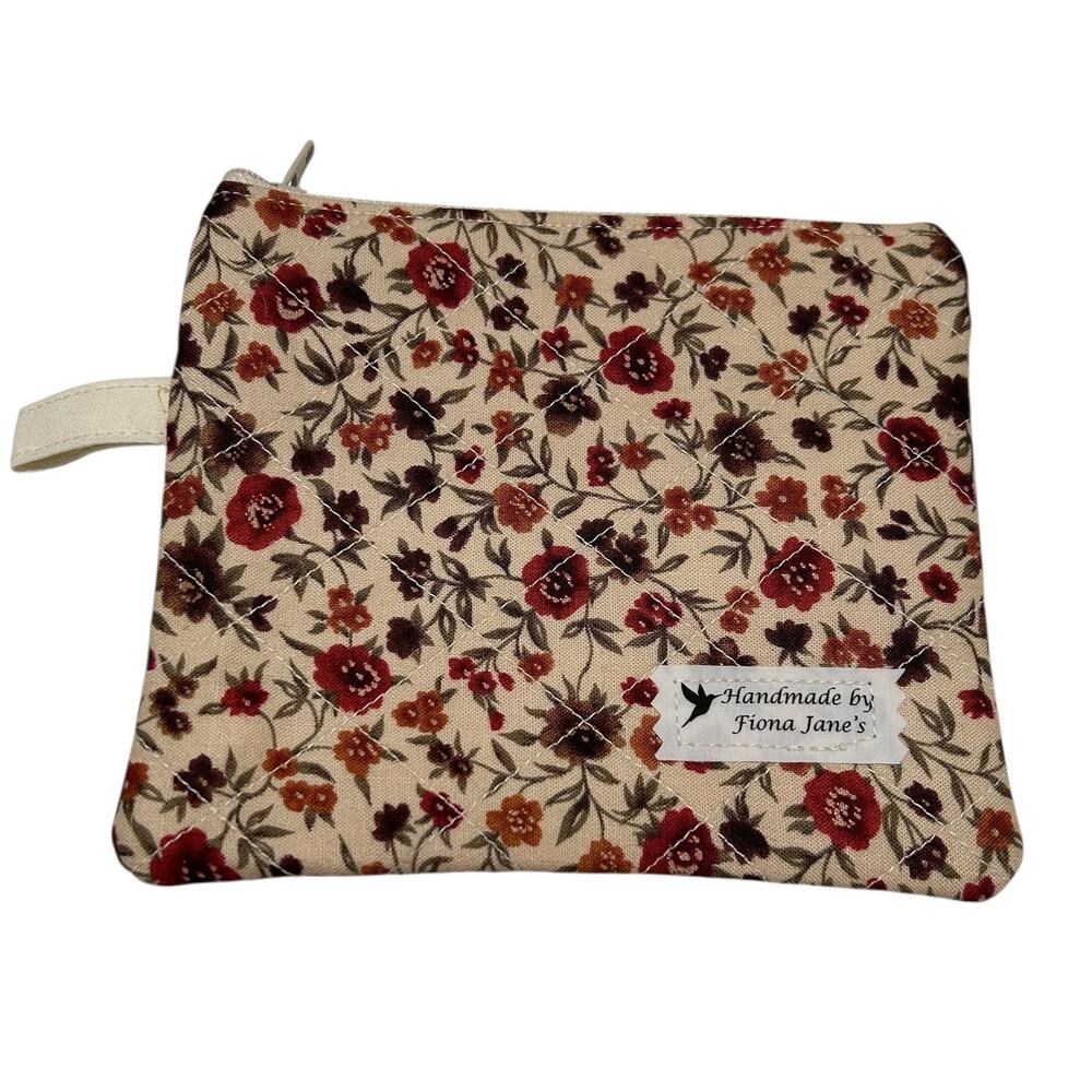 NEW Handmade Wrist Top Zip Pouch Wallet Beige with Brown Orange Floral 5 1/4"x6"